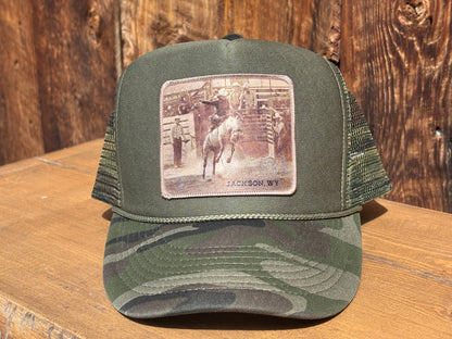 Saddle Bronc Trucker hat with a Jackson Hole rodeo photograph patch