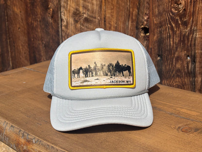 Youth trucker hat with the Gros Ventre pack trip photograph patch