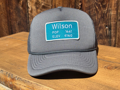 Wilson, Wyoming trucker hat with a road sign patch